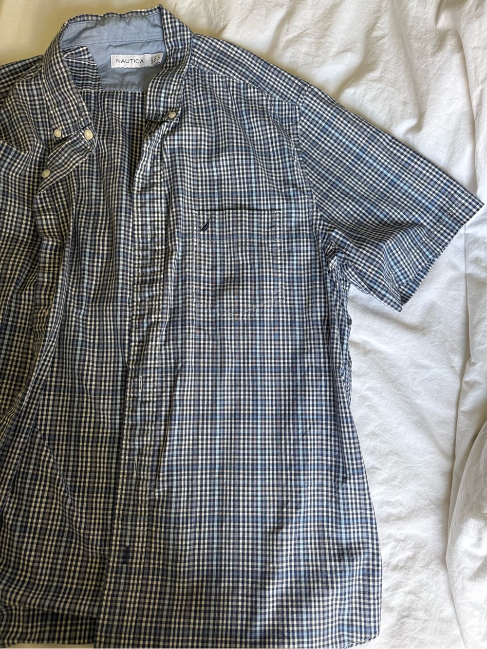 Nautica Blue and White Check Short-Sleeve Button-Down Shirt